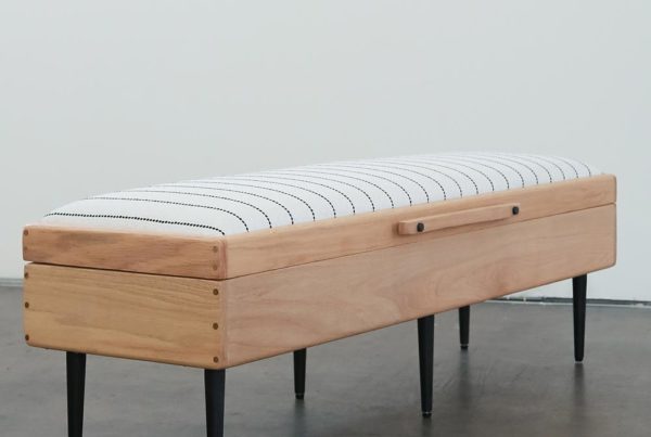 wayzata, NWHCO, Northwood Haven Co, storage bench, oak, modern, hardwood, white stripes, fabric